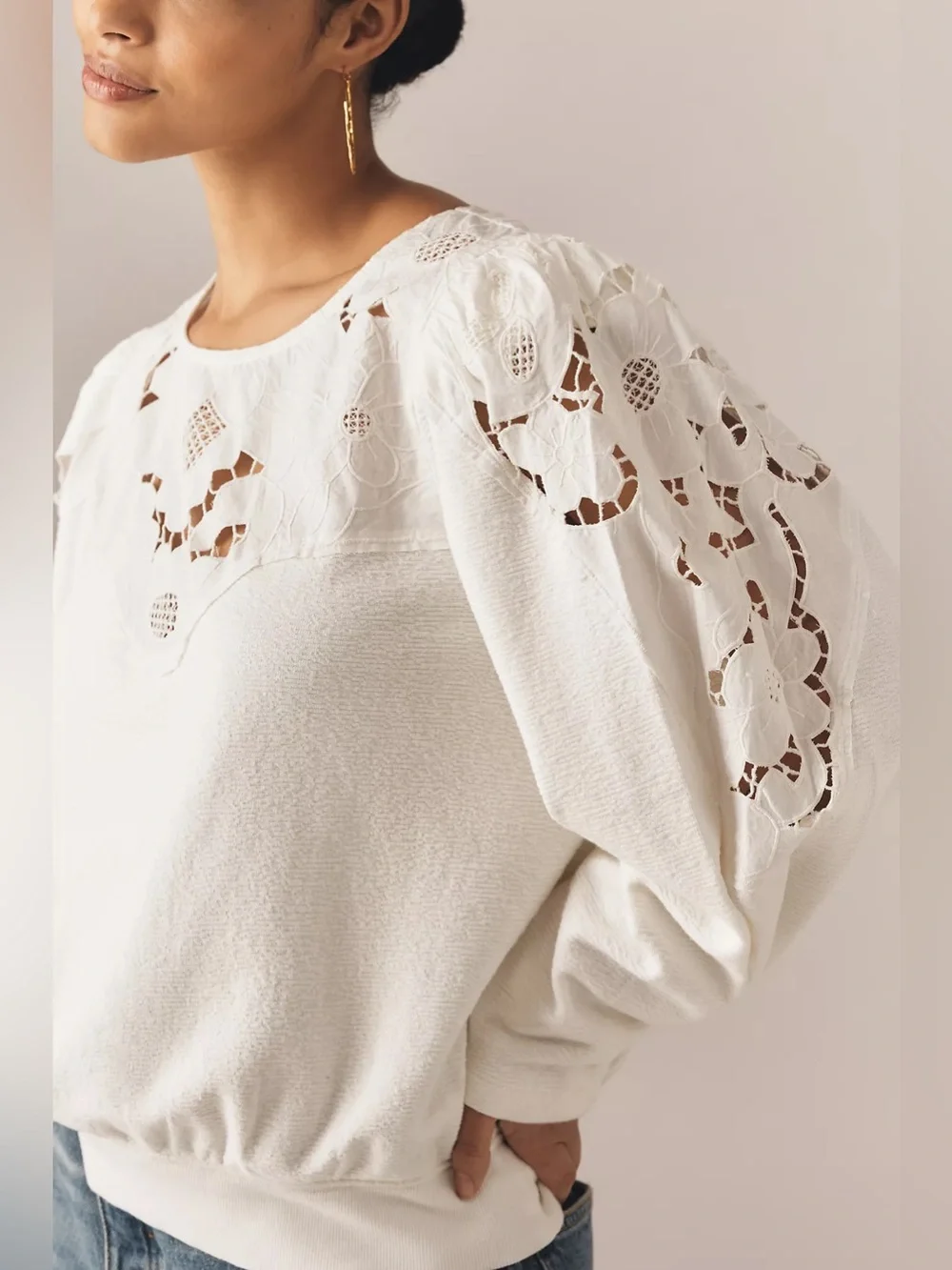By Anthropologie Lace Cutwork Mutton-Sleeve Top Size 3XL